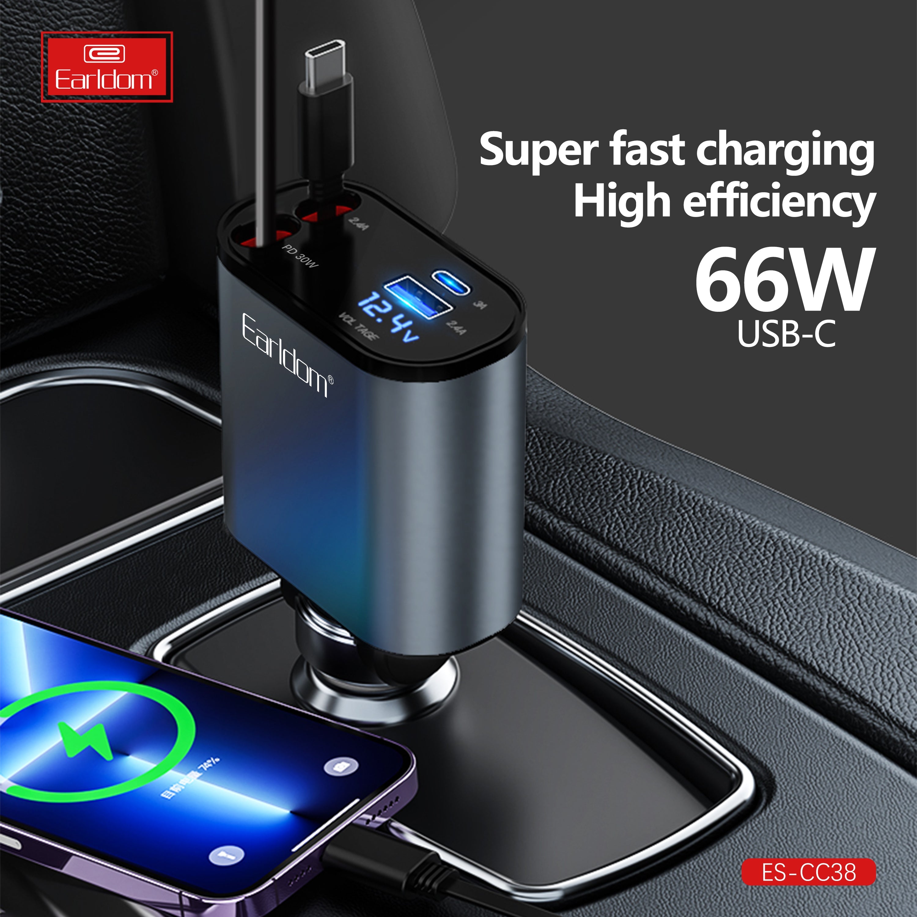 Earldom 63W USB+PD cable 80cm storage ios type-c car charger Earldom 63W USB+PD cable 80cm storage ios type-c car charger